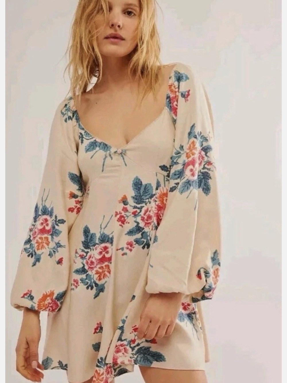Free People Ladies L Francesca Mini Ivory Floral Midi Dress